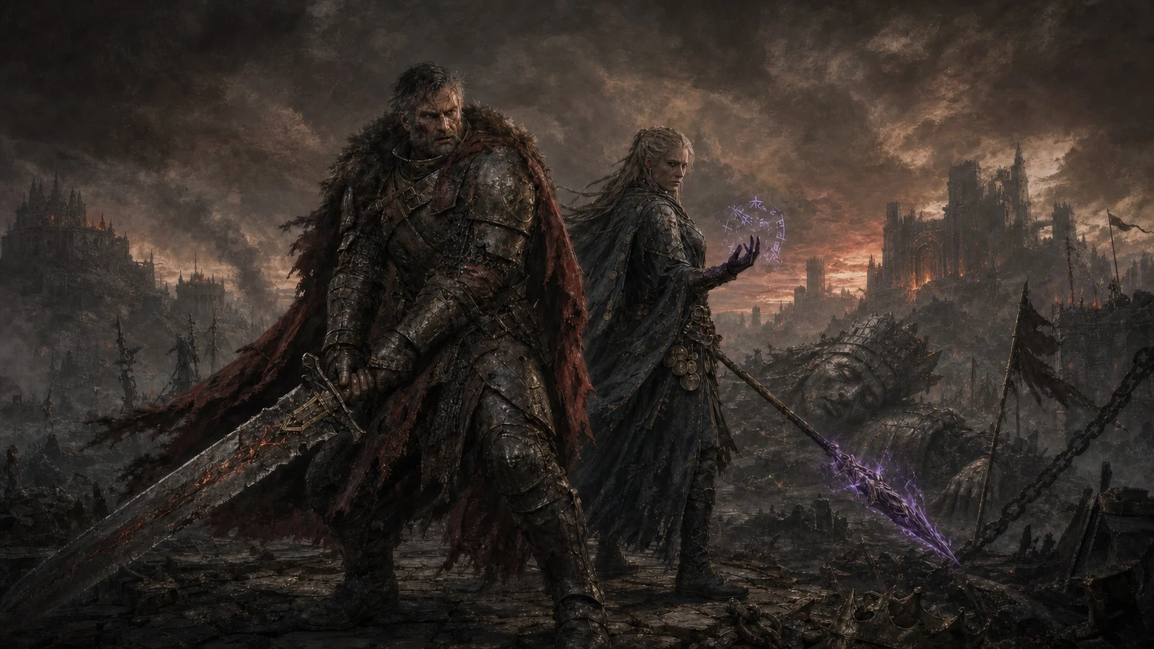 Two heroes stand back to back on a shattered battlefield beneath a bleeding crimson sky.