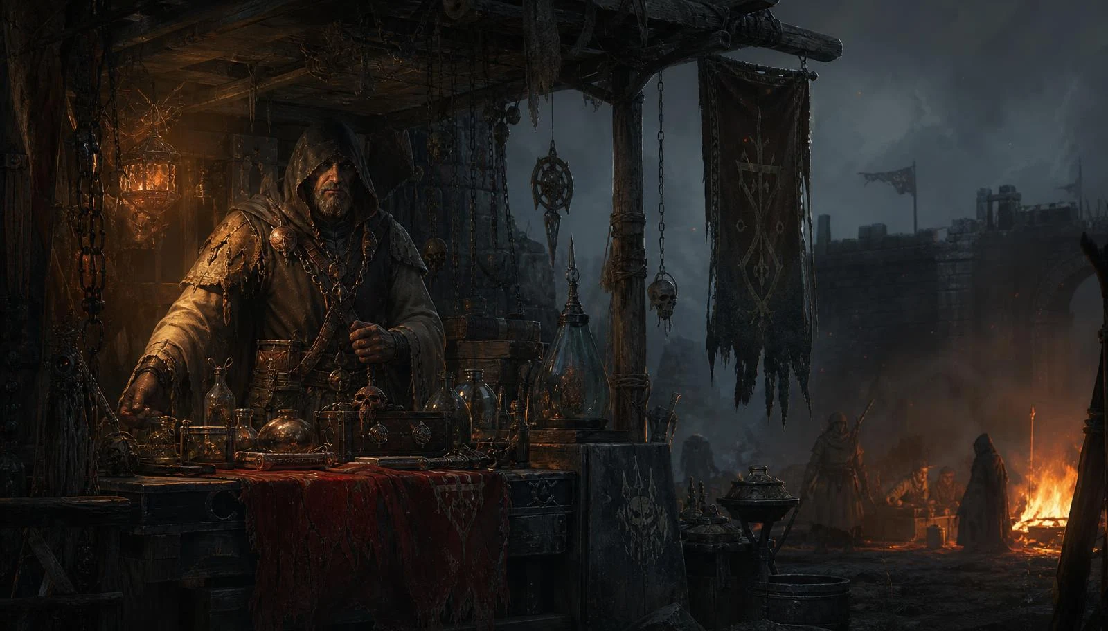 A grim merchant's stall lit by candlelight, laden with potions and iron.