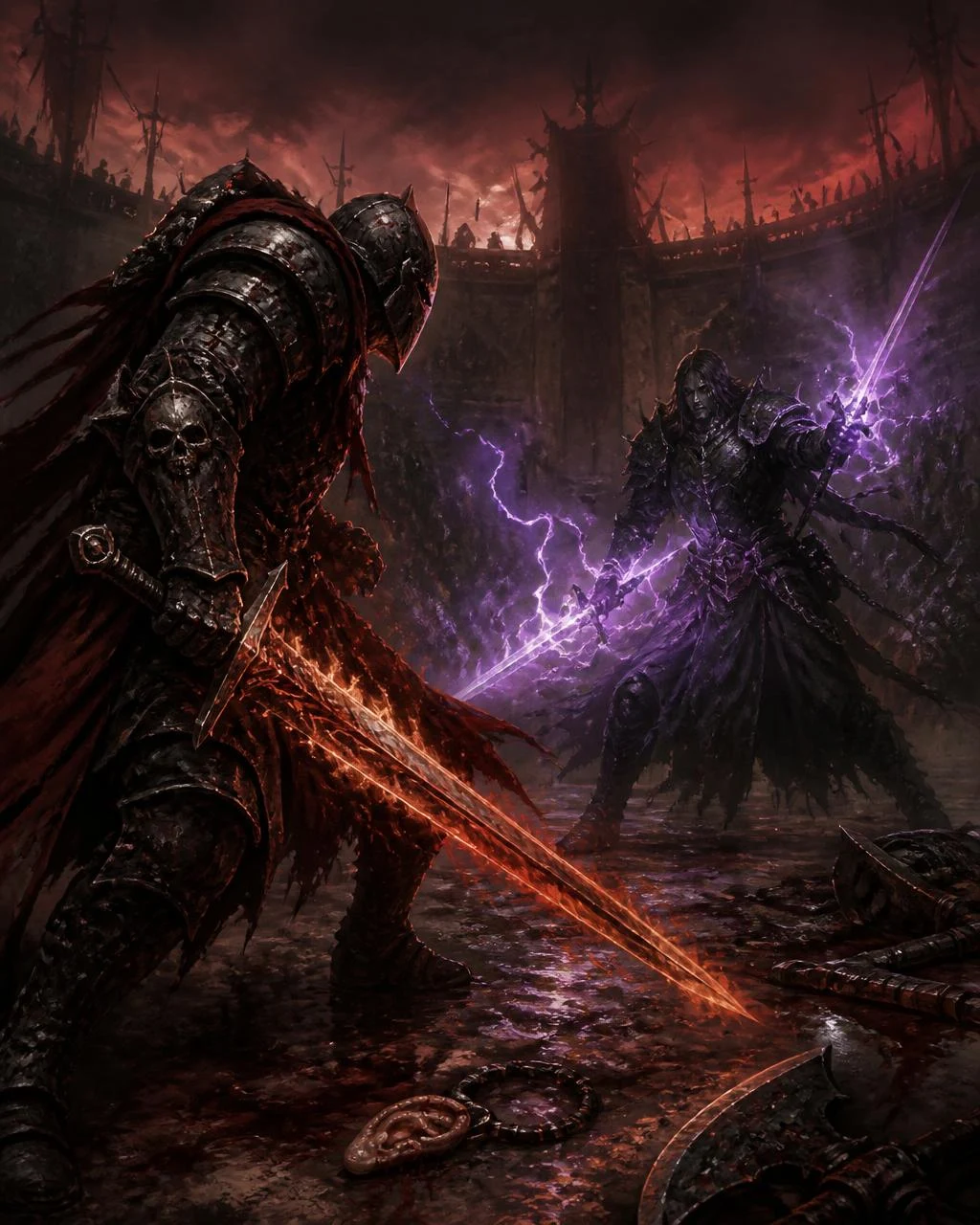 Two warlords clashing in a blood-soaked arena.